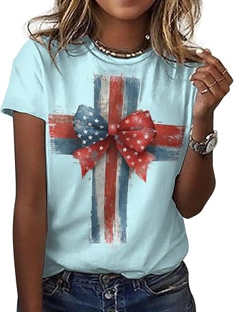 Flag Print T Shirts for Women Short Sleeve Crewneck Patriotic Graphic Blouses Summer Casual Loose Basic USA Tee Tops