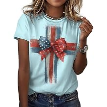 Flag Print T Shirts for Women Short Sleeve Crewneck Patriotic Graphic Blouses Summer Casual Loose Basic USA Tee Tops