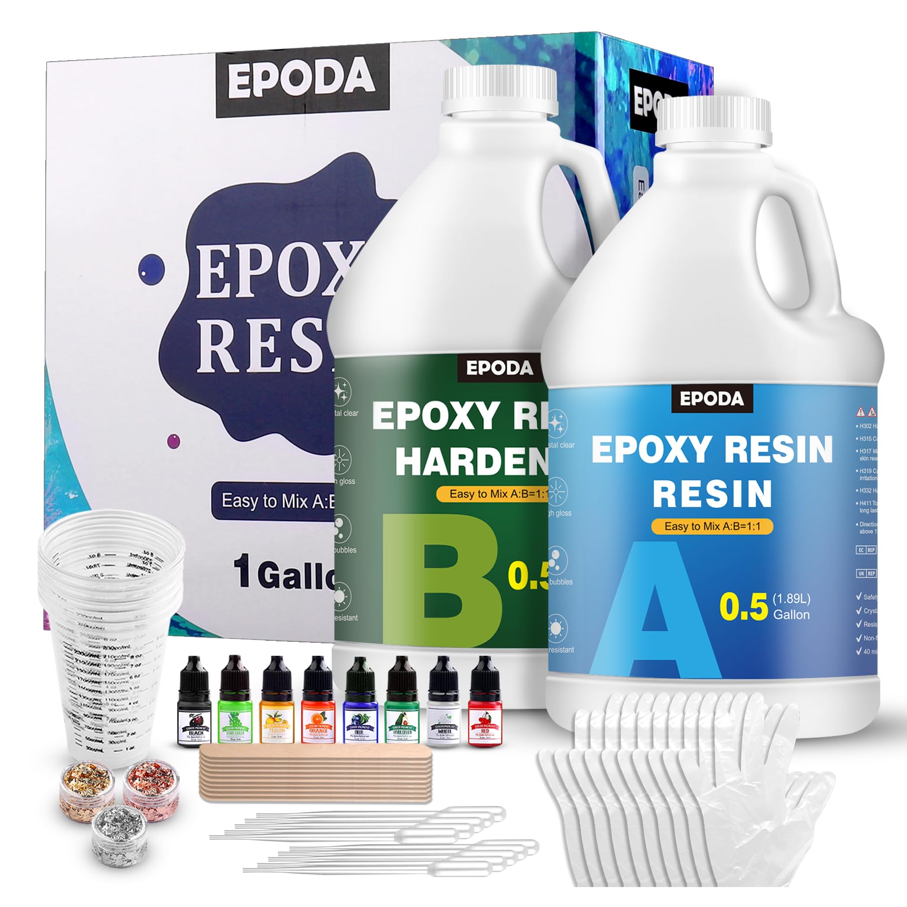 EPODA Resin Kit, Epoxy Resin 1Gallon/3.8L, Epoxy Resin and Hardener, Bubble Free Casting Resin, Clear Resin For Crafts With Measuring Cups, Sticks, Gloves, Pigment And Dropper Pipette