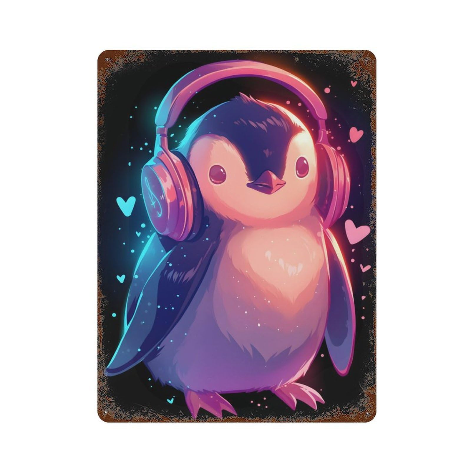 Cute Penguin with Headphones 15.7"x11.8" Aged Metal Wall Plaque, Retro Wall Decor for Farmhouse, Kitchen And Entryway Decor