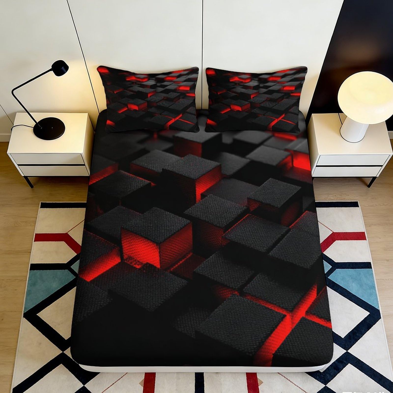3D Printed Black Red Geometric Fitted Sheet Microfiber Soft Breathable Abstract Cube Bed Sheet for Bedroom Dorm Room Mattress Protection 90x200x25cm
