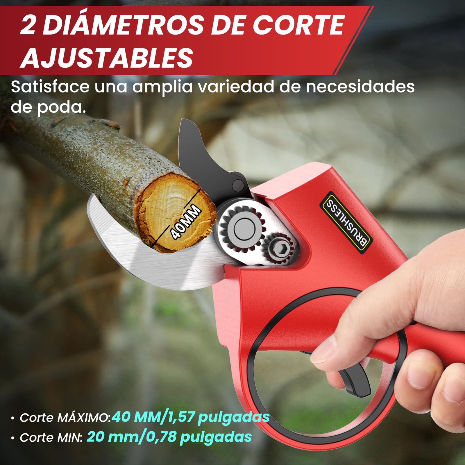 Tijeras de Podar Eléctricas, 40mm Tijeras de Podar Bateria Hoja SK7, Potentes 800W Motor Sin Escobillas, 2 Baterías 2000mAh 21V, 6-8H de Autonomía, Ligera y Mano Única, para Árboles Frutales,Viñas