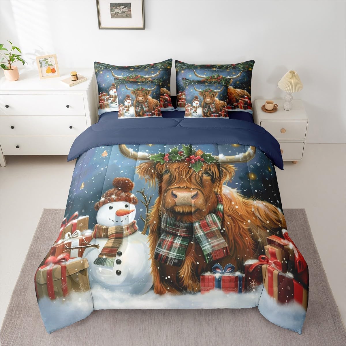 Erosebridal Christmas Highland Cattle Twin Bedding Set 7 Piece Cute Highland Cow Bed in A Bag with Sheets Xmas Snowman Gift Comforter Set for Kids Adults,Western Farm Animal Bed Sets