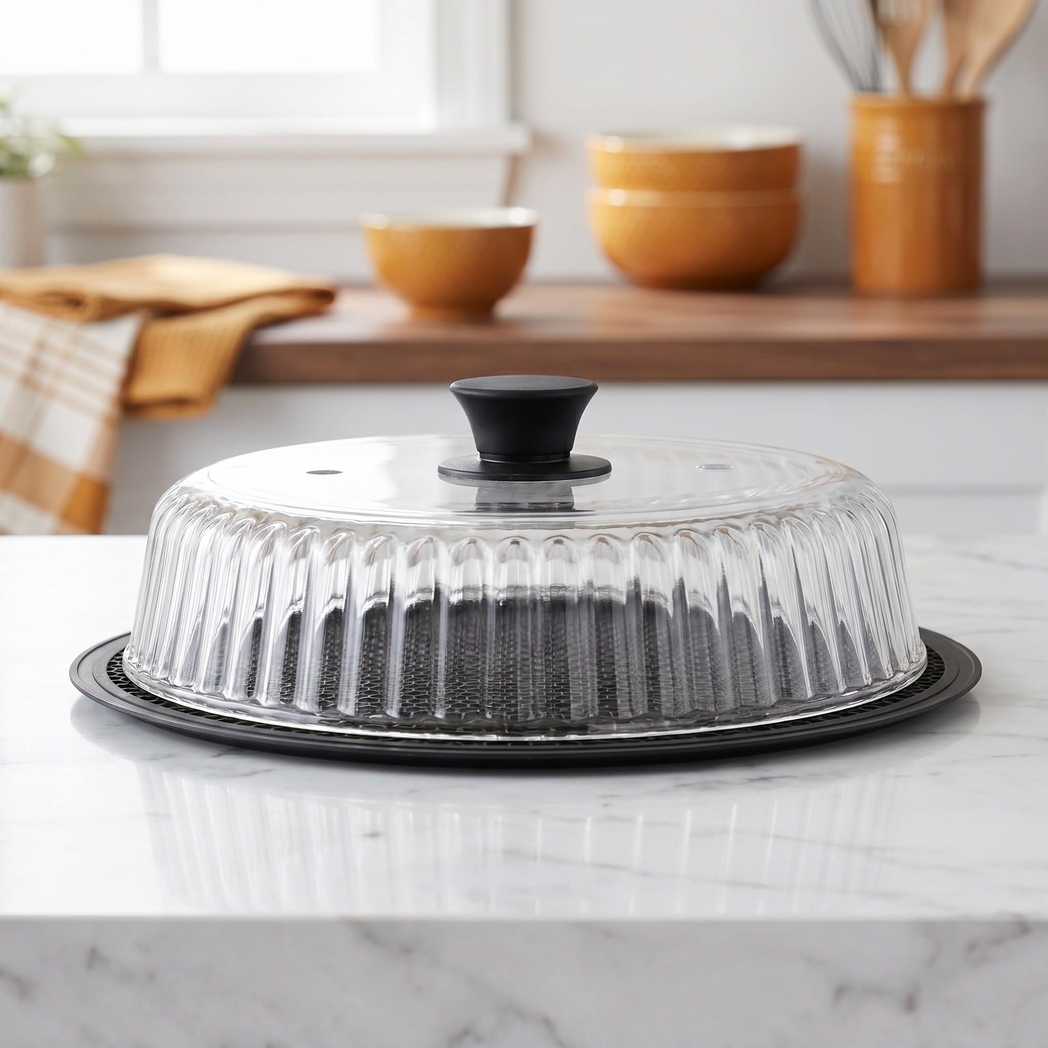 Zerodeko Coperchio in vetro per microonde anti-schizzi, da 25 cm, in vetro borosilicato, con pomello in silicone e tappetino per piatti e stoviglie, cupola ventilata per un riscaldamento uniforme.