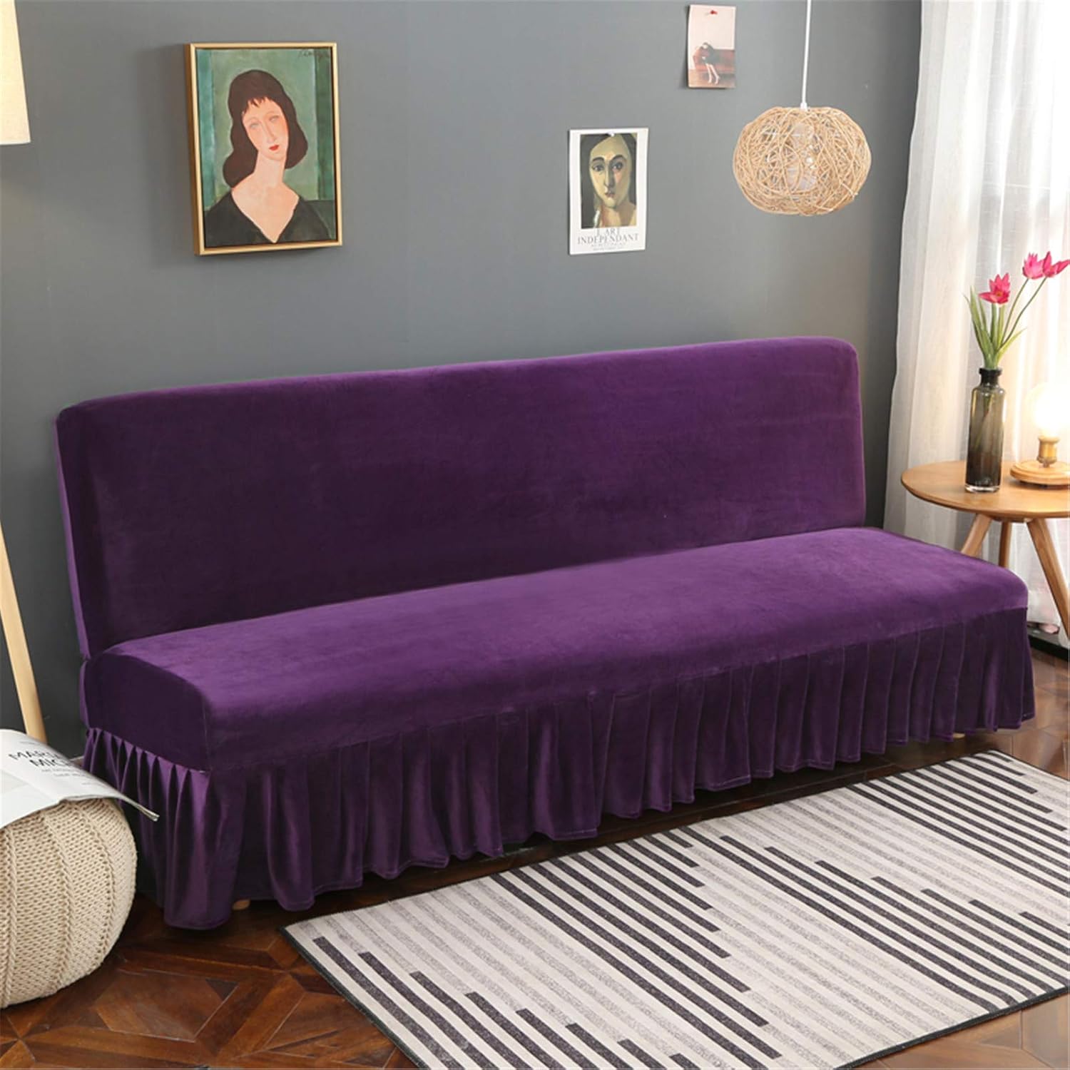 GIANCO FERRO Armless Velvet Gray Futon Cover with Ruffle Skirt higly Stretch Futon Sofa Bed Cover No Arm Stain Resistant Machine Washable Large