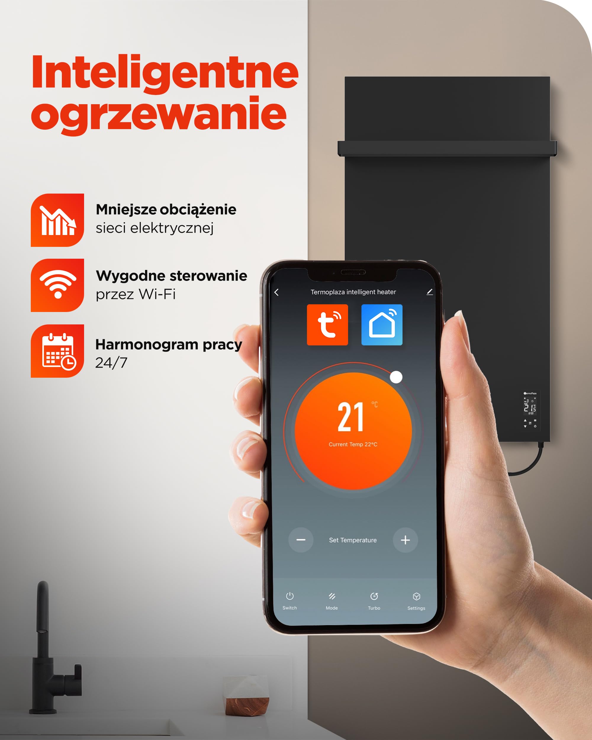 TermoPlaza WiFi Promiennik na Podczerwień 270 W do 7 m² | Inteligentny elektryczny grzejnik ścienny | Grzejnik łazienkowy z wieszakiem na ręczniki i termostatem | Grzejnik elektryczny do łazienki