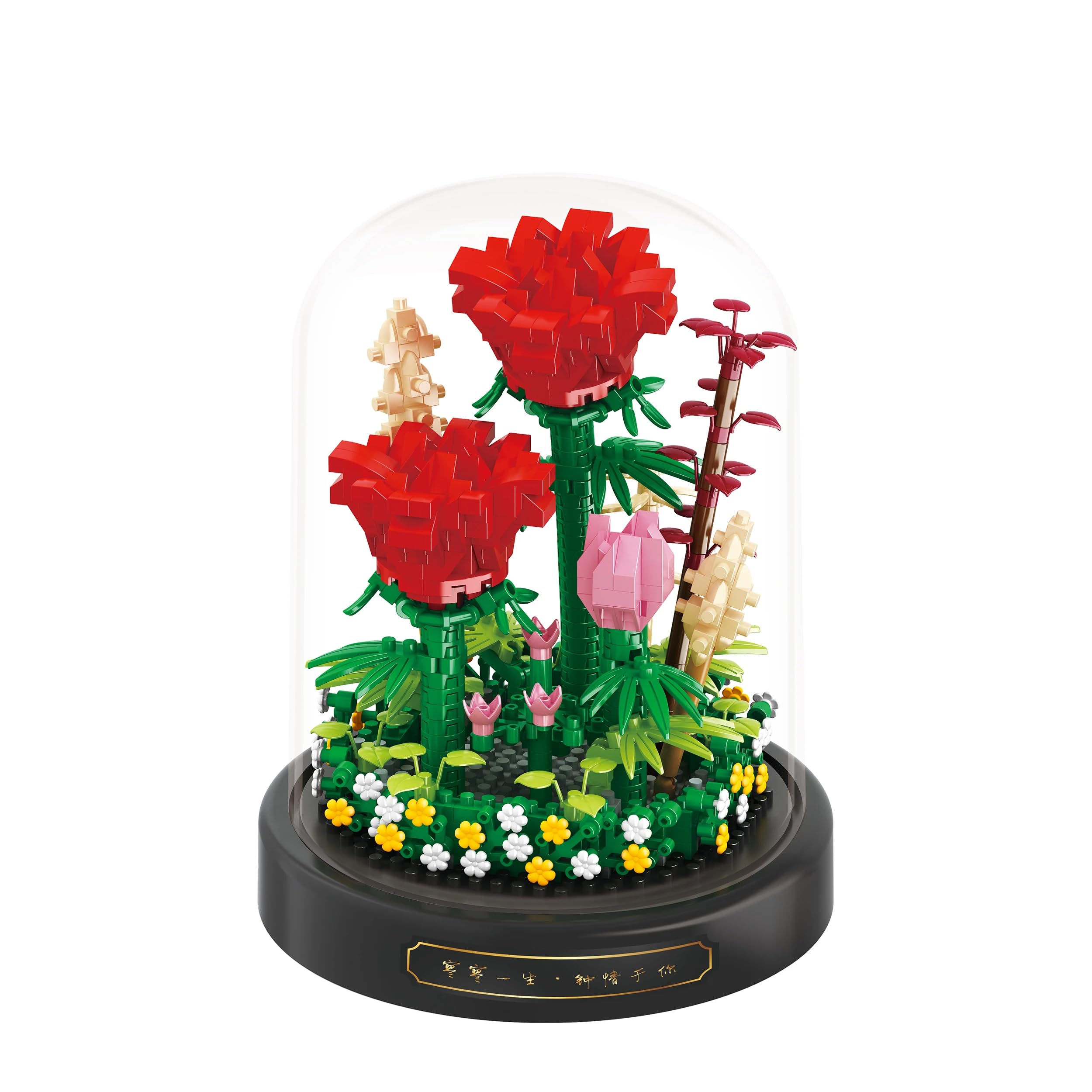 Mini Rose Flower Bouquet Building Sets, Building Blocks Flowers Bouquet Set, Artificial Flowers with Dust-Proof Dome, DIY Unique Home Décor, Idea Gifts for Kids Adults (Rose)