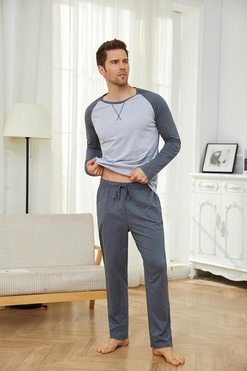 Men's Pajama Set 100% Cotton Mens Pjs Sets Long Sleeve T-Shirts and Pants Sleepwear Lightweight Soft Loungewear - Image 2