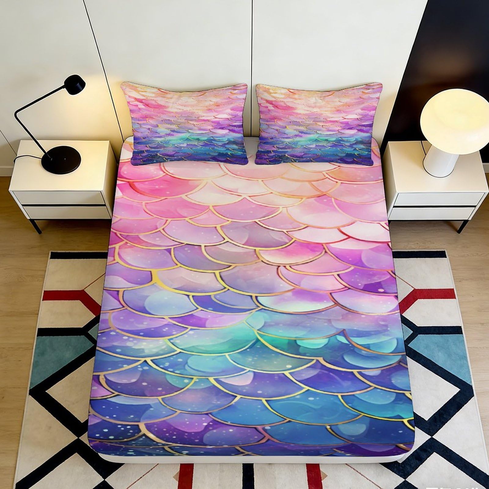 3D Printed Mermaid Scales Fitted Sheet Microfiber Pastel Gradient Bed Cover for Bedroom Dorm Mattress Protection Decor 90x200x25cm
