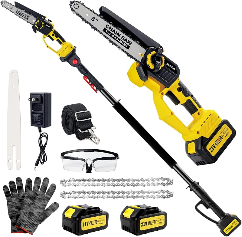 Brushless 2-IN-1 Cordless Pole Saw & Mini Chainsaw, 8 Inch Max Reach 16 Ft | 2× 21V 4.0Ah Battery, Multi-Angle Electric Pole Saw for Tree Trimming, Pole Saw Battery Powered for Branch Cutting