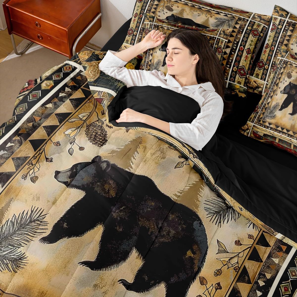 Feelyou Boys Girls Bear Bed in a Set Queen Size, Rustic Cabin Bears Bed in a Bag 7 Pieces Aztec Comforter Set with Sheets Kids Countryside Teens Bedroom Decor 7Pcs