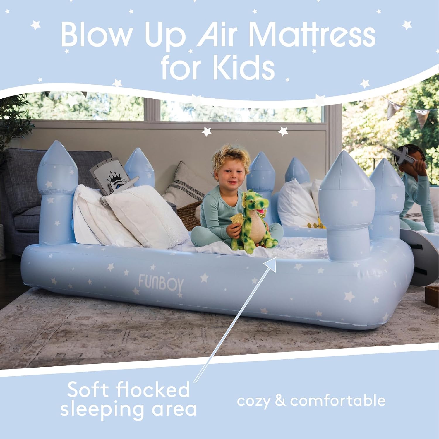 FUNBOY Kids Blue Castle Sleepover Travel Bed & Air Mattress. Perfect for Sleepovers. Includes Carrying Storage Bag, Twin