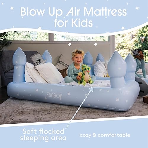Miniatura 3 de FUNBOY Cama y colchón de aire de viaje Blue Castle Sleepover para niños. Perfecto para fiestas de pijamas. Incluye bolsa de transporte, tamaño