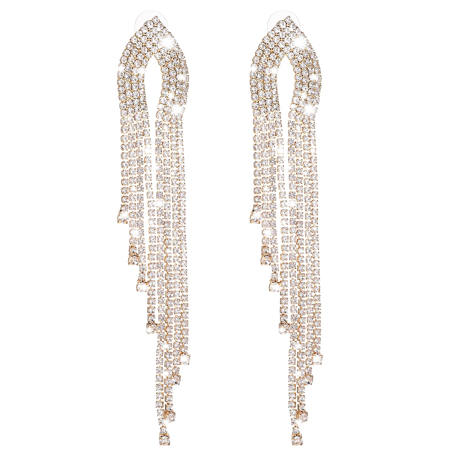 Orecchini Pendenti Lunghi Boho Con Nappe Di Strass E Glitter, Colore Oro. Gioielli Eleganti Per Party, Matrimonio E Sposa. Lunghezza 12,5 Cm. - 2