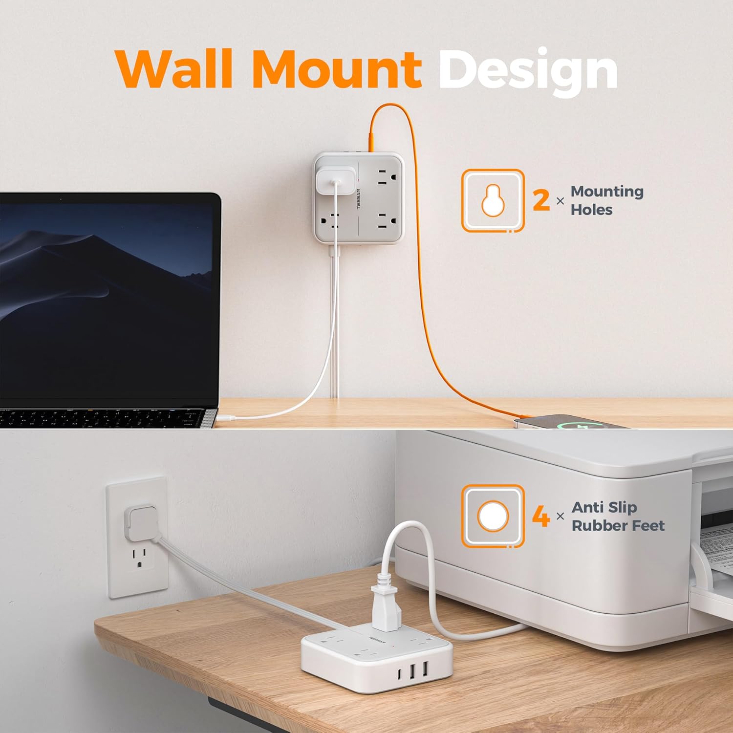 TESSAN Surge Protector Flat Extension Cord 3Ft, Ring Plug Power Strip with 4 Outlets 3 USB Ports (1 USB C), 900 Joules Protection, Multiple Wall Outlet Extender Suitable for Home Office Dorm, Grey