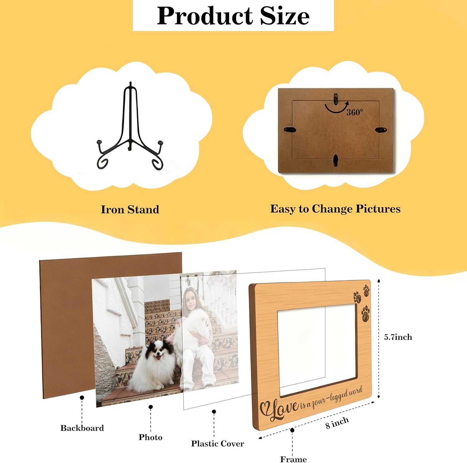 Rustic Dog Picture Frame With Iron Stand - Love is a Four Legged Word - Paw Print Photo Frame, 4x6 Pet Memory Picture Frames for Tabletop Display, Dog Cat Lovers Gifts - Image 2