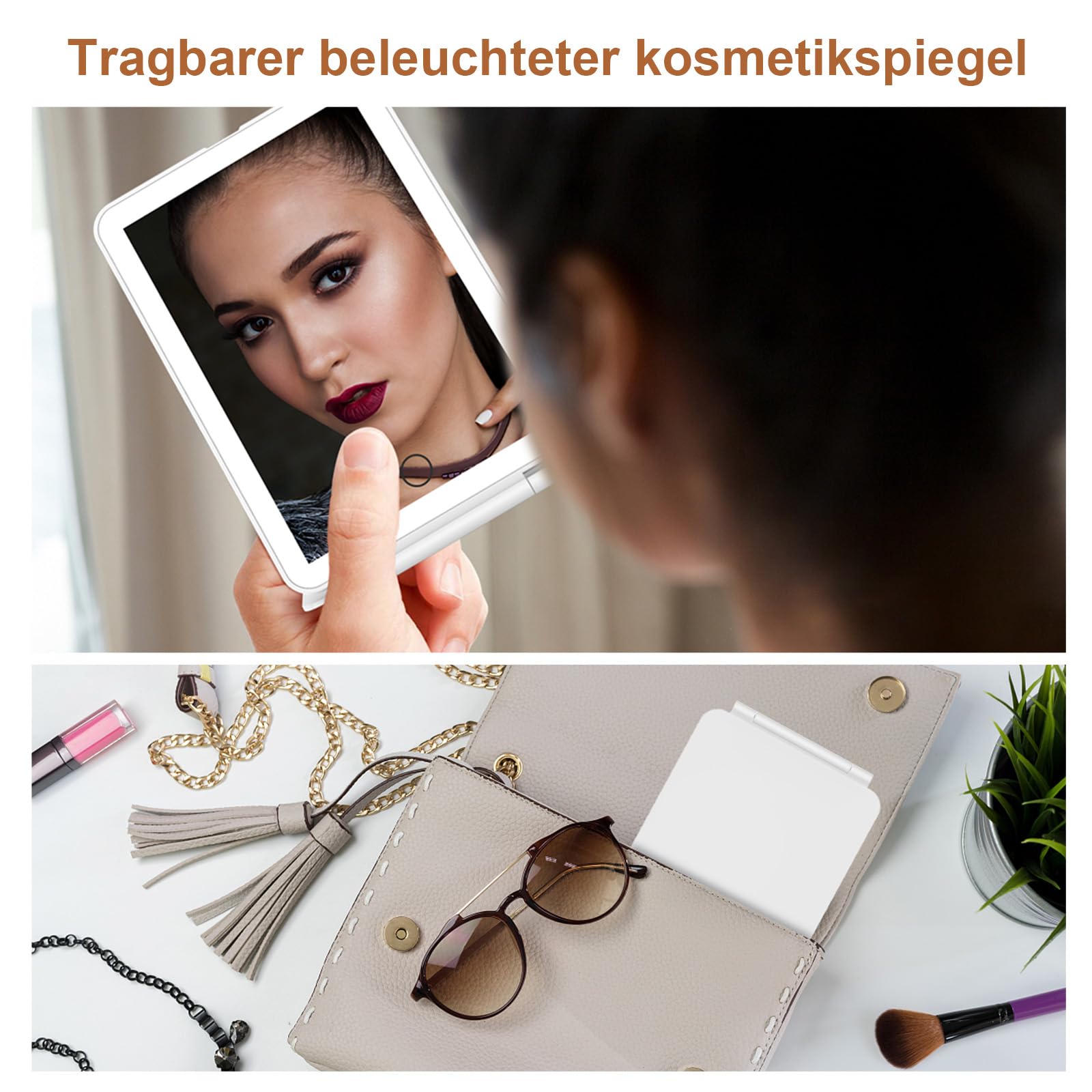 FASCINATE Kosmetikspiegel mit Beleuchtung, Wiederaufladbarer LED Schminkspiegel mit 3 Lichtfarben, Vergrößerungsspiegel Helligkeit einstellbar