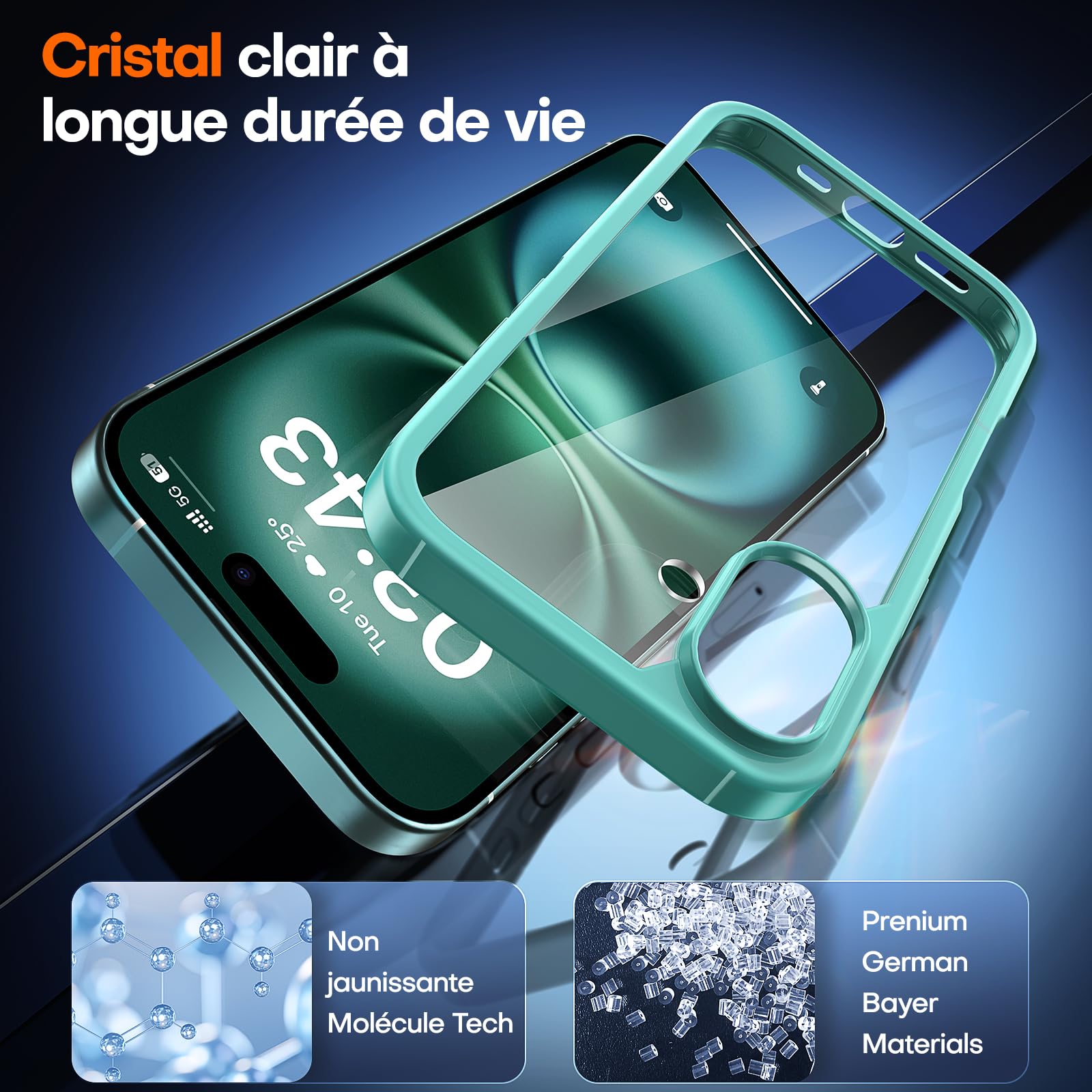 TAURI Coque pour iPhone 16 Plus avec Protection D'écran en Verre Trempé,Protection Militaire,Coque Bumper Transparente Antichoc - Vert