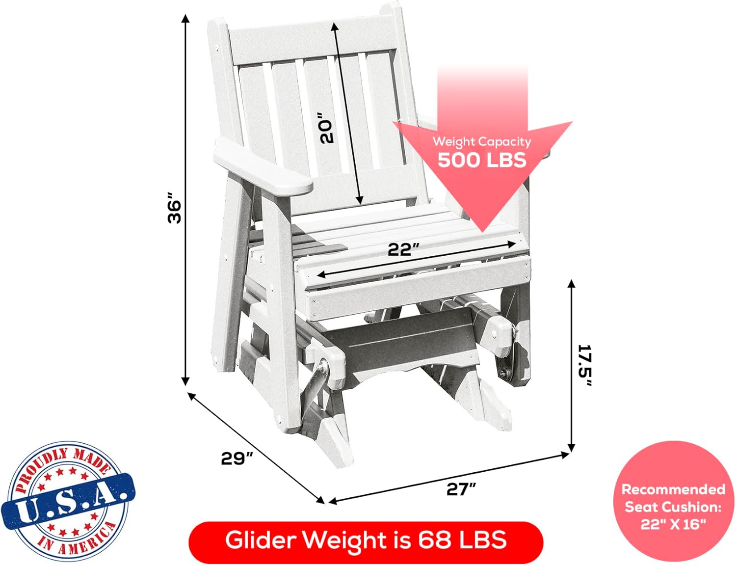 Amish Craftsmanship Made in USA 2FT Heavy Duty Poly Lumber Wood Porch Glider Premium Colors HDPE with No Wood fibers Mission English Series Design 500 lbs Limit Solid-White