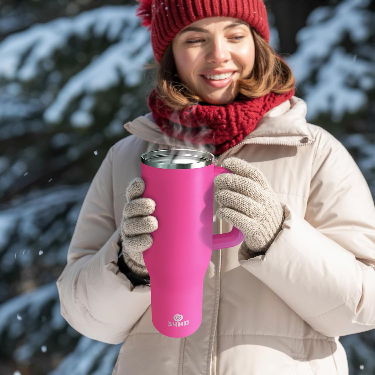 34HD 40 oz Stainless Steel Tumbler - Leakproof Insulated Water Bottle with Handle, Magnetic Lid and Flexible Straw - Iced for 48 Hours – Perfect for Men, Women, Birthday Gift, Pink - Hot Pink - Image 8