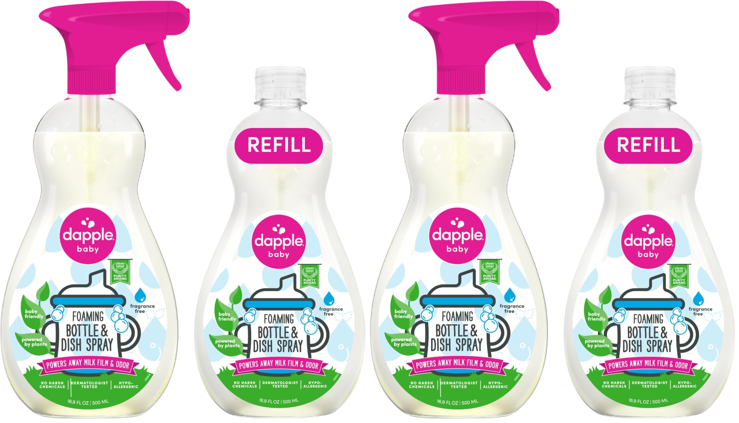 Dapple Baby Fragrance-Free Foaming Bottle &amp; Dish Spray - (4 Pack) 16.9 fl oz - Plant-Powered Cleaner for Baby Bottles, Pump Parts, and Sippy Cups - Includes 1 Pump