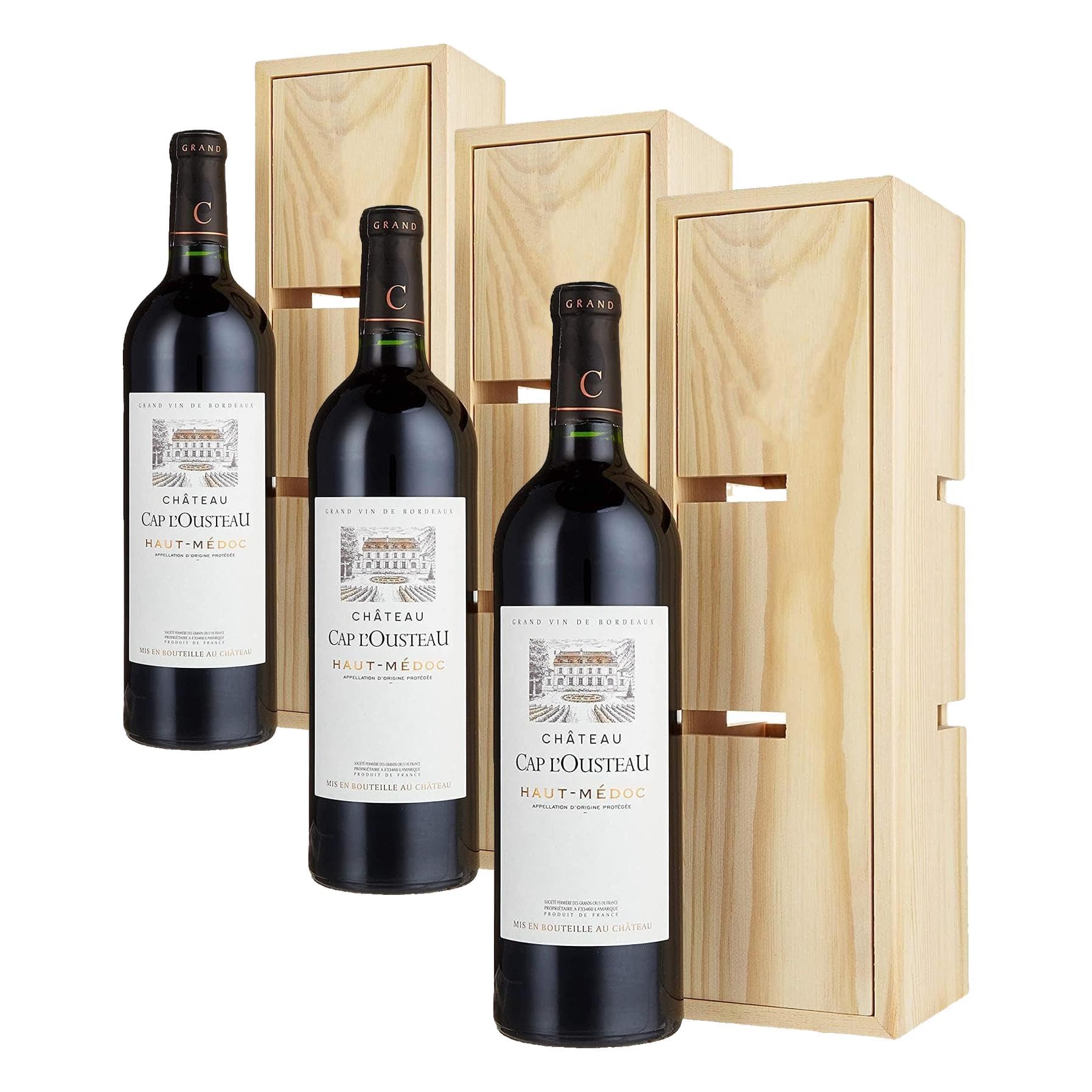 Château Cap l'Ousteau - Coffret Vin Rouge Grand Vin Médoc - Mini Cave à vin caisse bois (1 x 0.75 l) (Lot de 3)