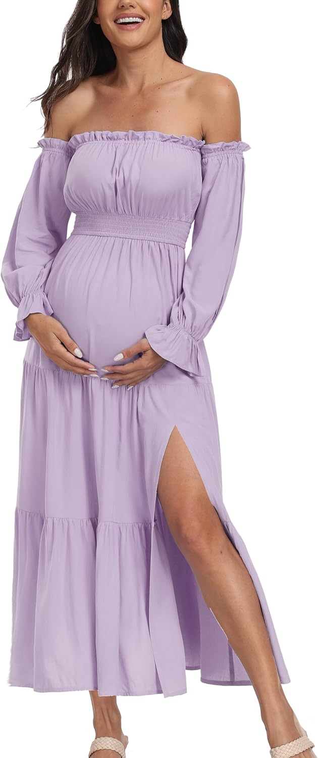 Summer Boho Off Shoulder Maternity Dresses, Long Sleeve Side Split Flowy Tiered Maxi Dress for Baby Shower Photoshoot Dress Purple M - Image 2