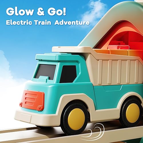 Miniatura 3 de iPlay, iLearn Juego de tren de juguete de construcción para niños, 62 piezas, camión magnético motorizado eléctrico con grúa tractor, juego de