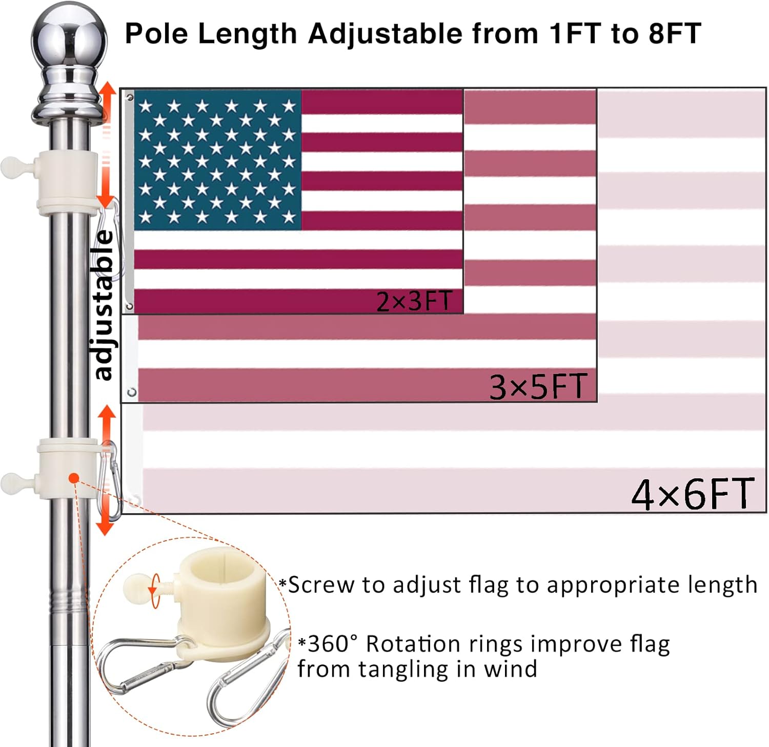 Flag Poles for Outside in Ground - 8ft Flag Pole for House Ground with 5 Pronges Base - Stainless Steel Heavy Duty Outdoor Yard Flag Pole Kit for American Flag Garden Decoration