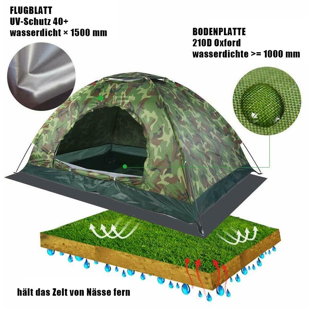Trintion Wurfzelte Camping Kuppelzelt Wasserdichtes Camouflage Wanderzelt 2-3 Personen Campingzelt mit Tragetasche für Camping Reise Trekking 200x150x110cm