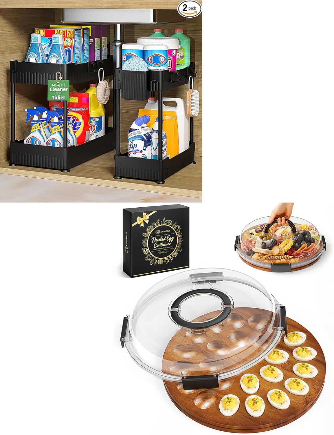 Easter Acacia Wood Deviled Egg Containers with Lid, 2 Pack Under Sink Organizer with Hooks Hanging Cup