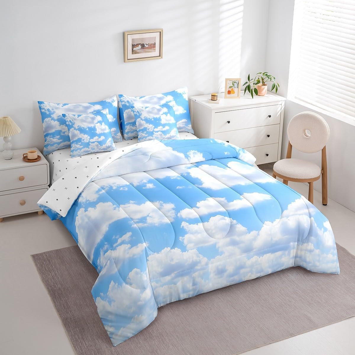 Erosebridal Blue Cloud Queen Comforter Set 7 Piece,Cloud Sky Bed in A Bag with Sheets for Kids Boys Girls Light Blue and White Bedding Set Blue Sky and White Clouds Design Bed Set Reversible