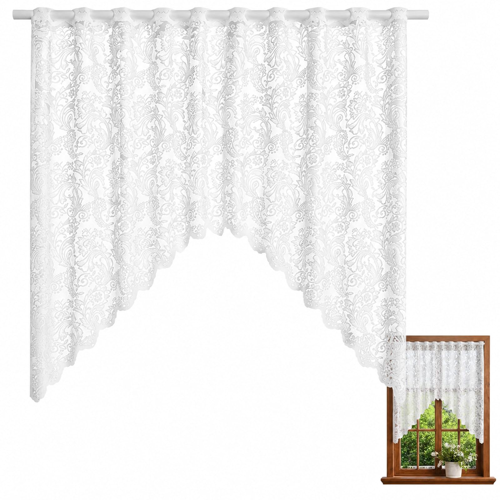 Parspetil Lace Window Valance Curtain, White Hollow Out Floral Cutwork Short Curtain with Scalloped Hem and Rod Pocket for Kitchen Bedroom Living Room, 160 × 100 cm, 1 Panel