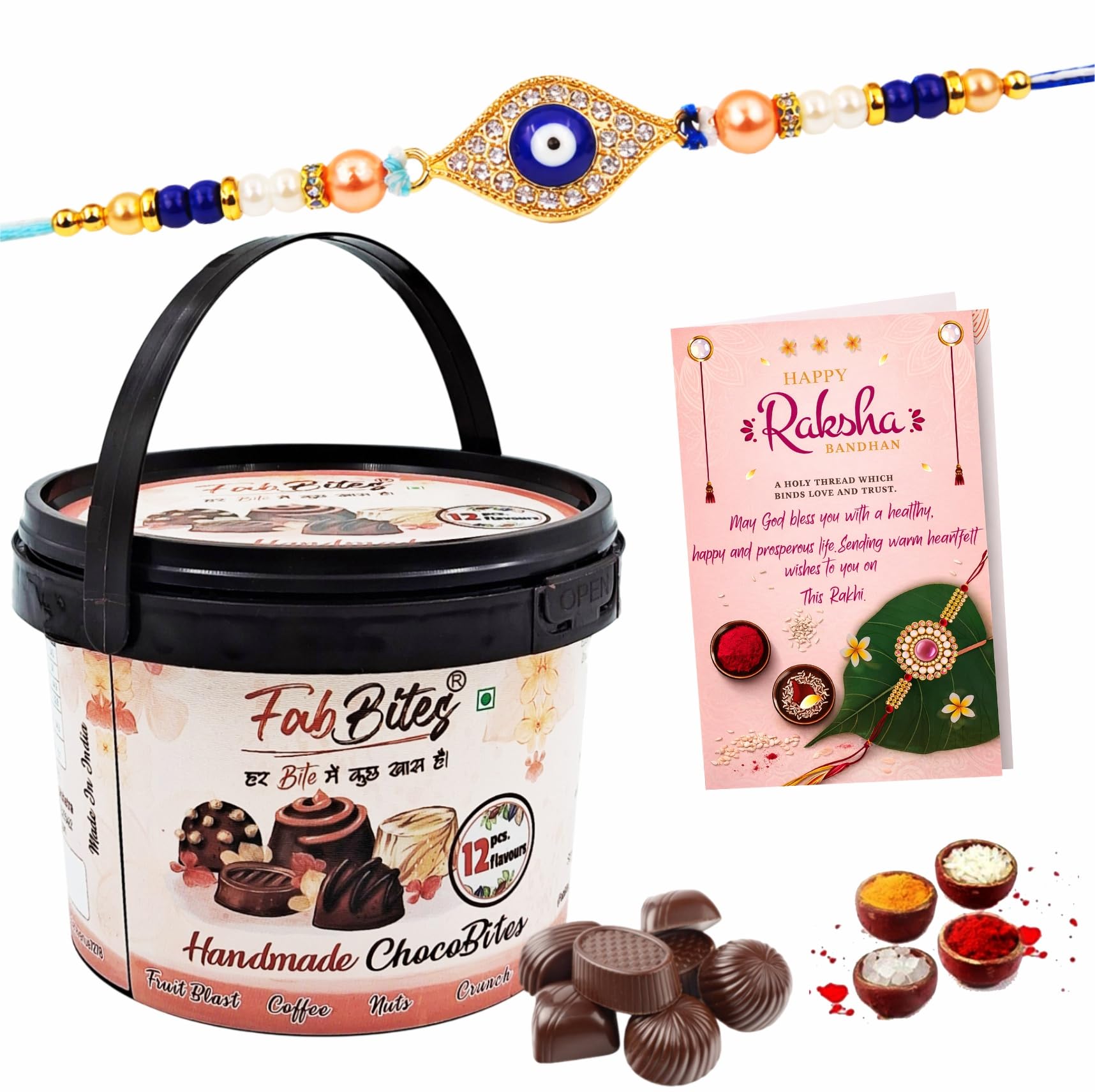 Evil Eye Rakhi Hamper for Brother-Single Rakhi Combo for Brother with Chocolate Gift Box with Greeting Card and Tikka Set for Rakshabandhan-image-12