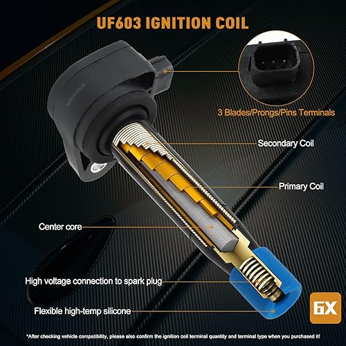 Vista 35 de Paquete de 6 bobinas de encendido UF617 y bujías de iridio compatibles con Infiniti EX37 FX37 G37 M37 Q50 3.7 3.7L V6 2008-2014 Reemplazar #