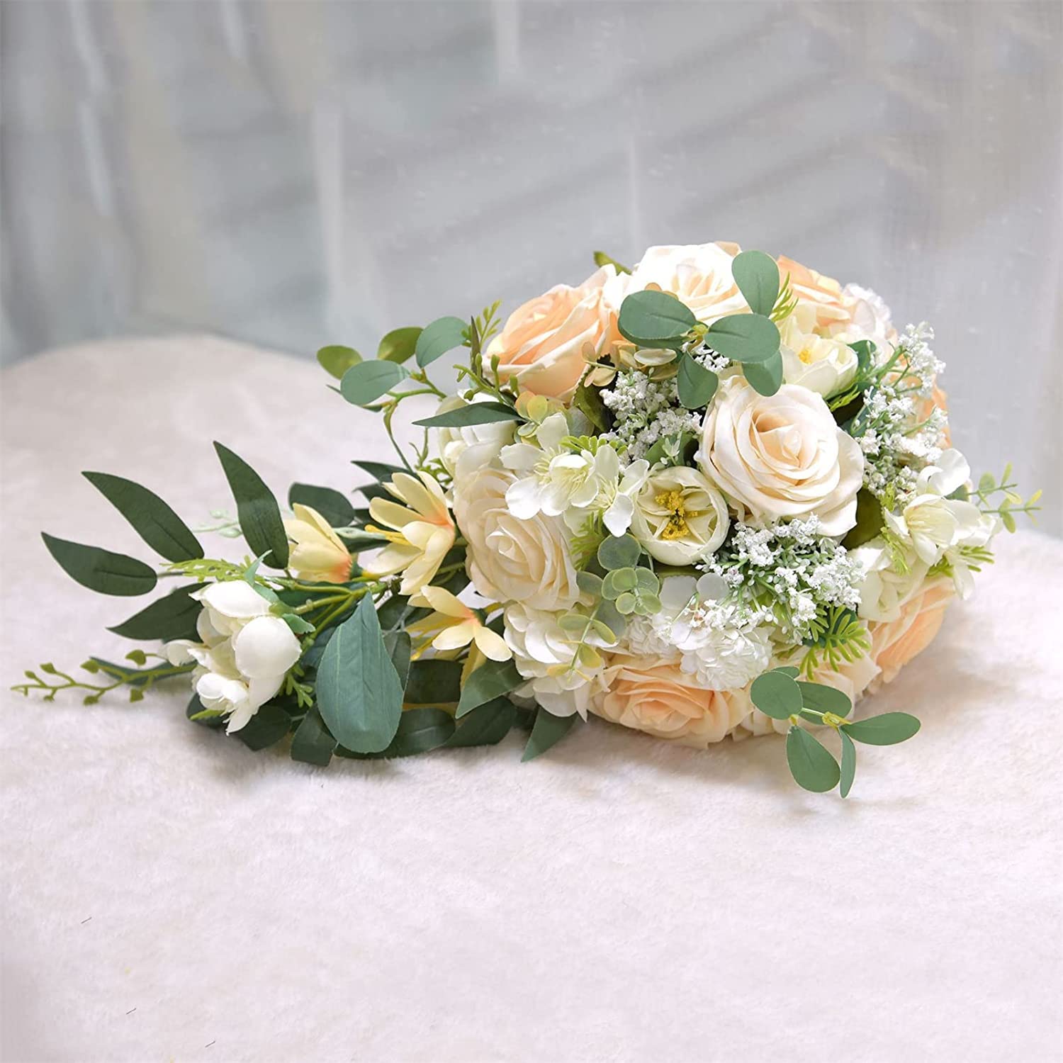 Bouquet De Fleurs Artificielles, Mariée Tenant des Fleurs, Bouquets De Mariage Artificiels, Bouquets en Cascade De Roses en Soie De Simulation pour La Mariée avec des Feuilles De Saule pour La