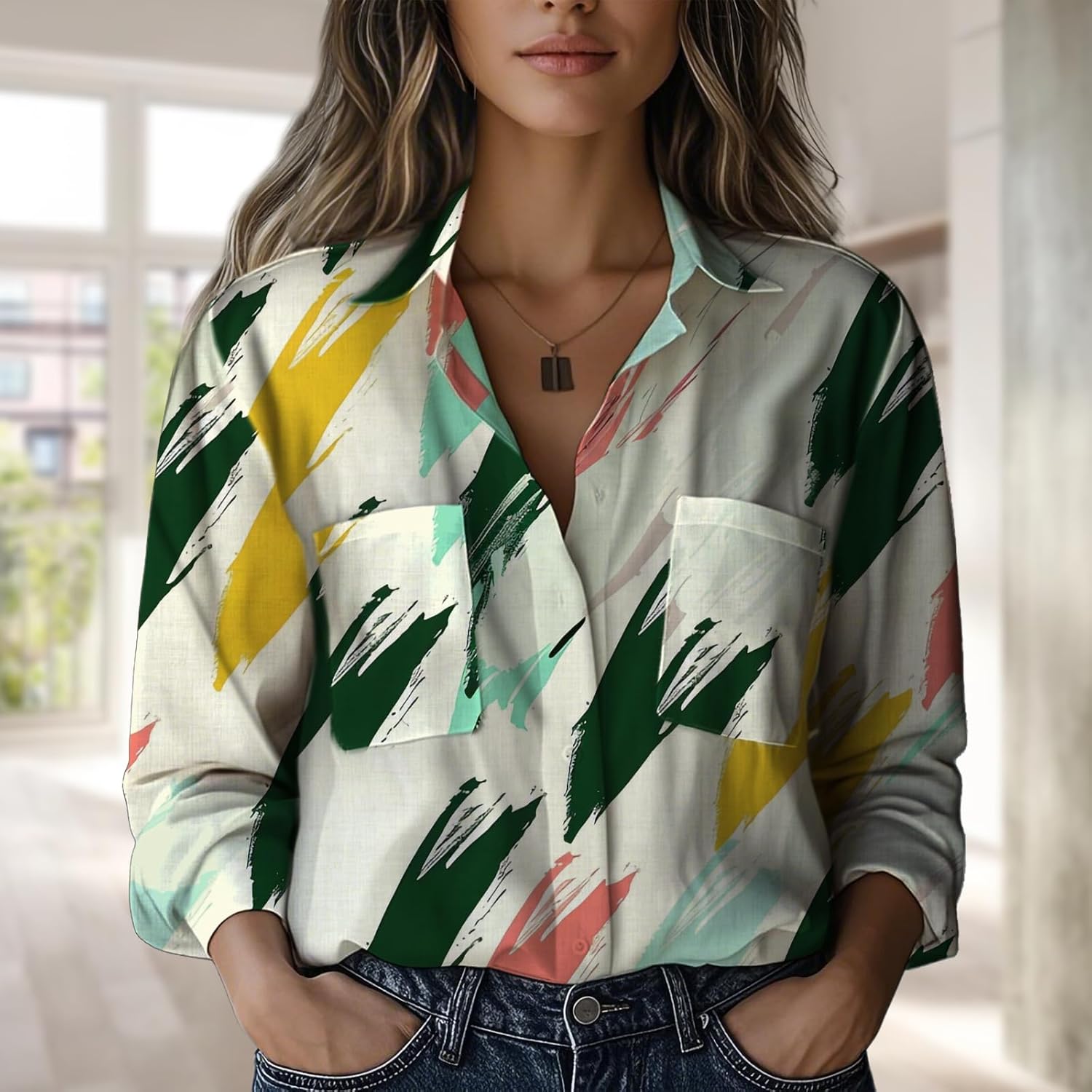 Long Sleeve Shirts for Women Spring Graphic V Neck Plus Size Hawaiian Beach Flowy Gauze Tops with Pocket - Image 2