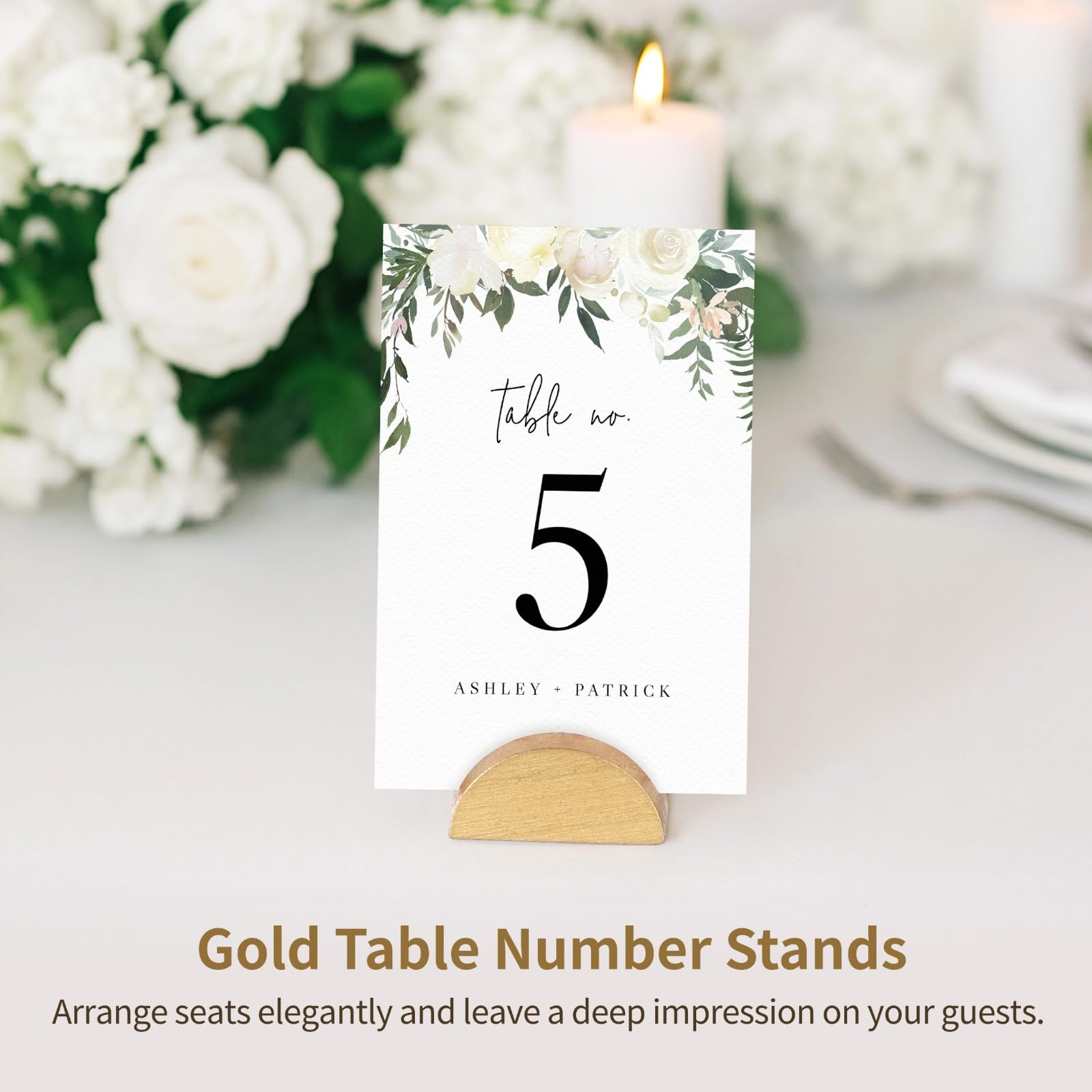 Lot de 50 supports dorés pour numéros de table, petits porte-cartes en bois, design élégant demi-rond pour cartes nominatives, étiquettes, photos, panneaux pour mariages, banquets