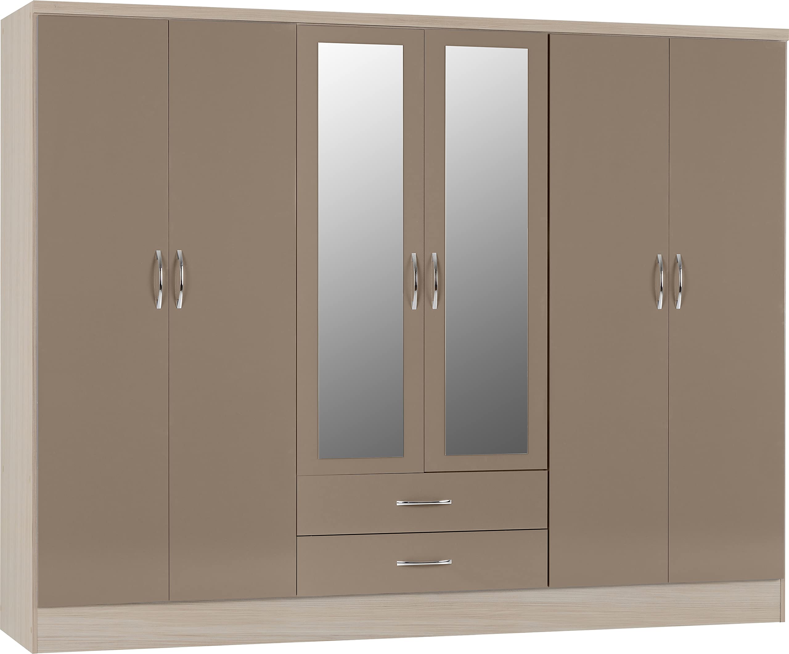 Rackhams Light Nevada 6 Door 2 Drawer Mirrored Wardrobe - Oyster Gloss And Oak