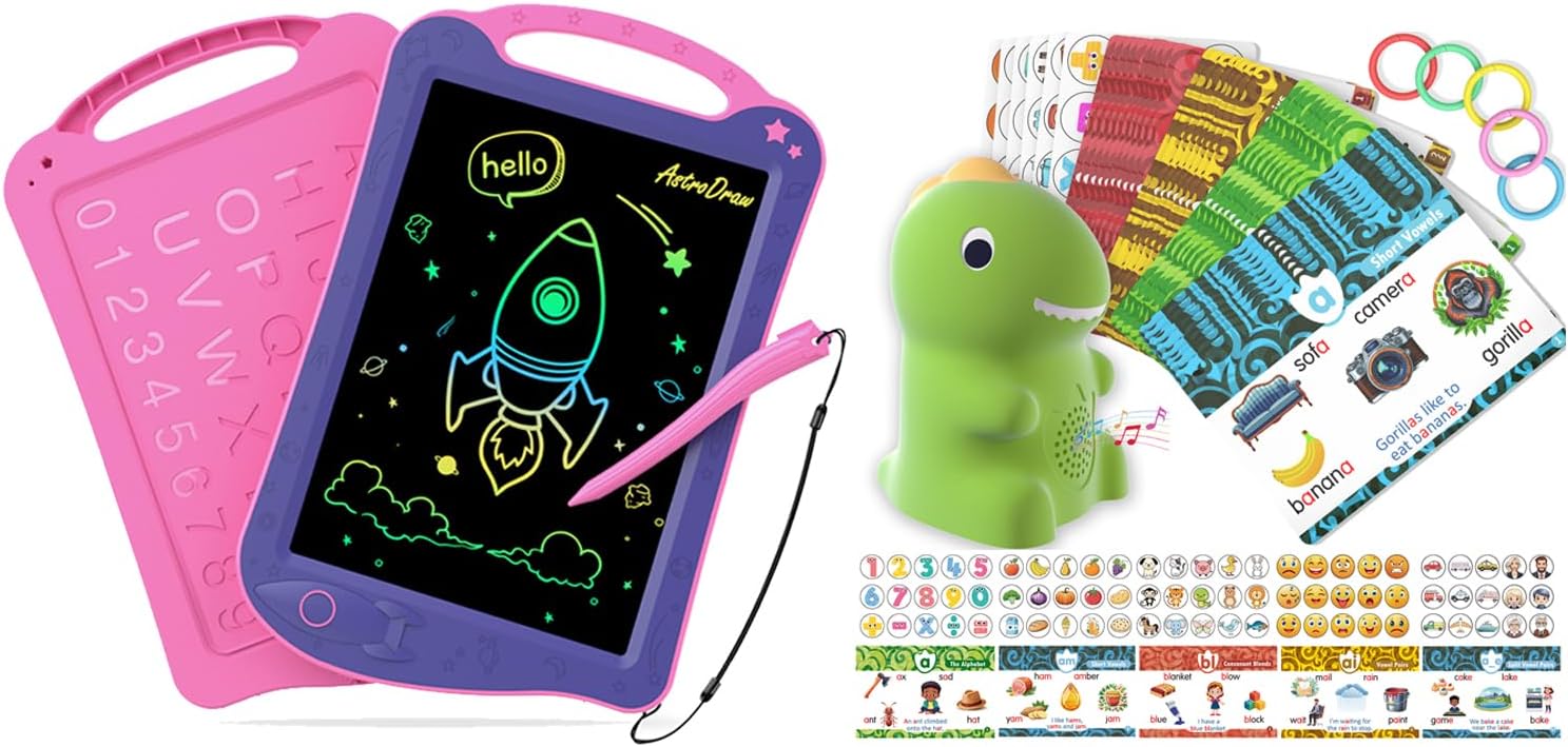 HOMESTEC Astrodraw Drawing Pad Toys + HOMESTEC Talking Phonics Flash Cards with Dino Reader Pen