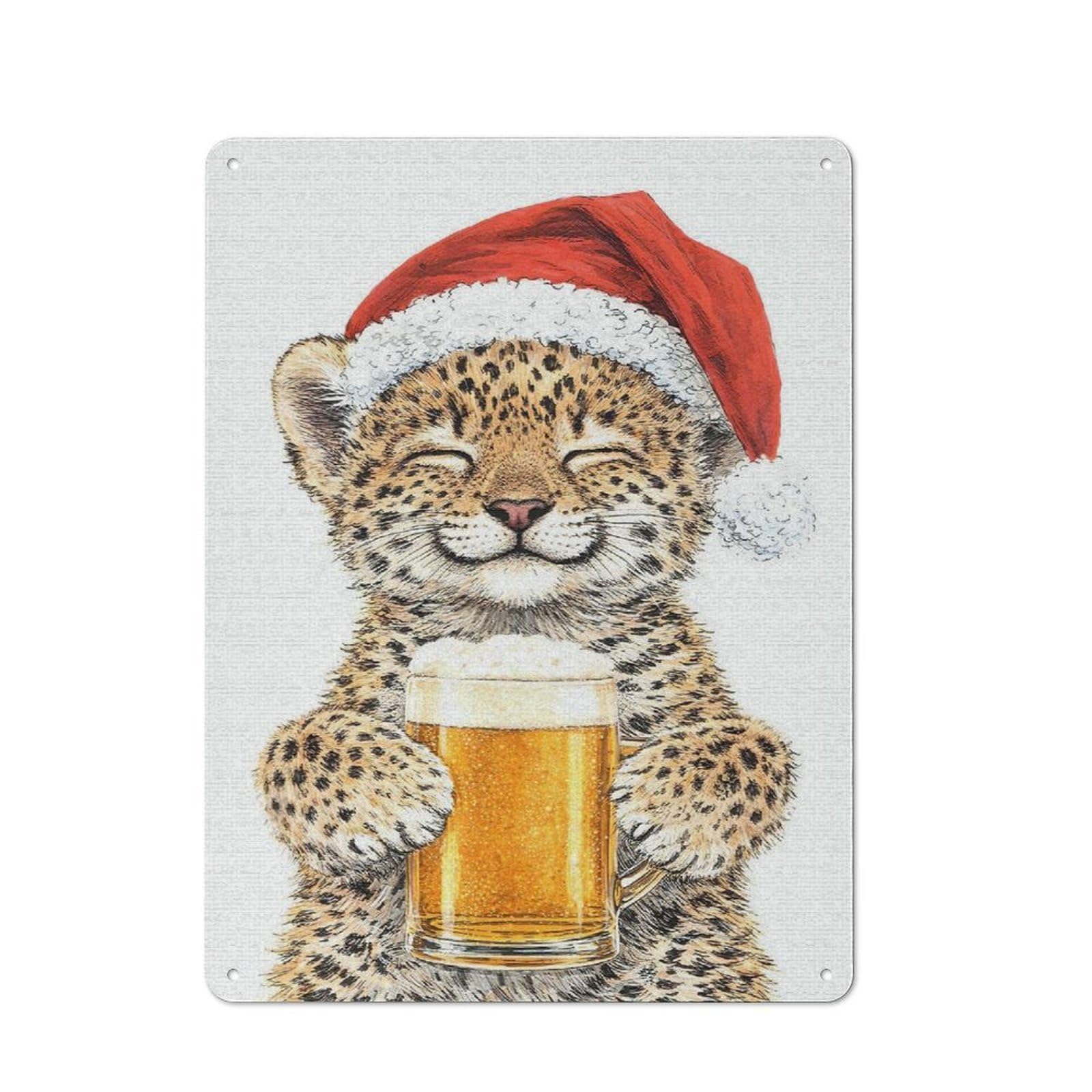Garage Style Cute Leopard Cub with Beer And Santa Hat Decorative Metal Plaque 40x30cm, Garage Wall Decor for Workshop, Basement, Shed Or Games Room