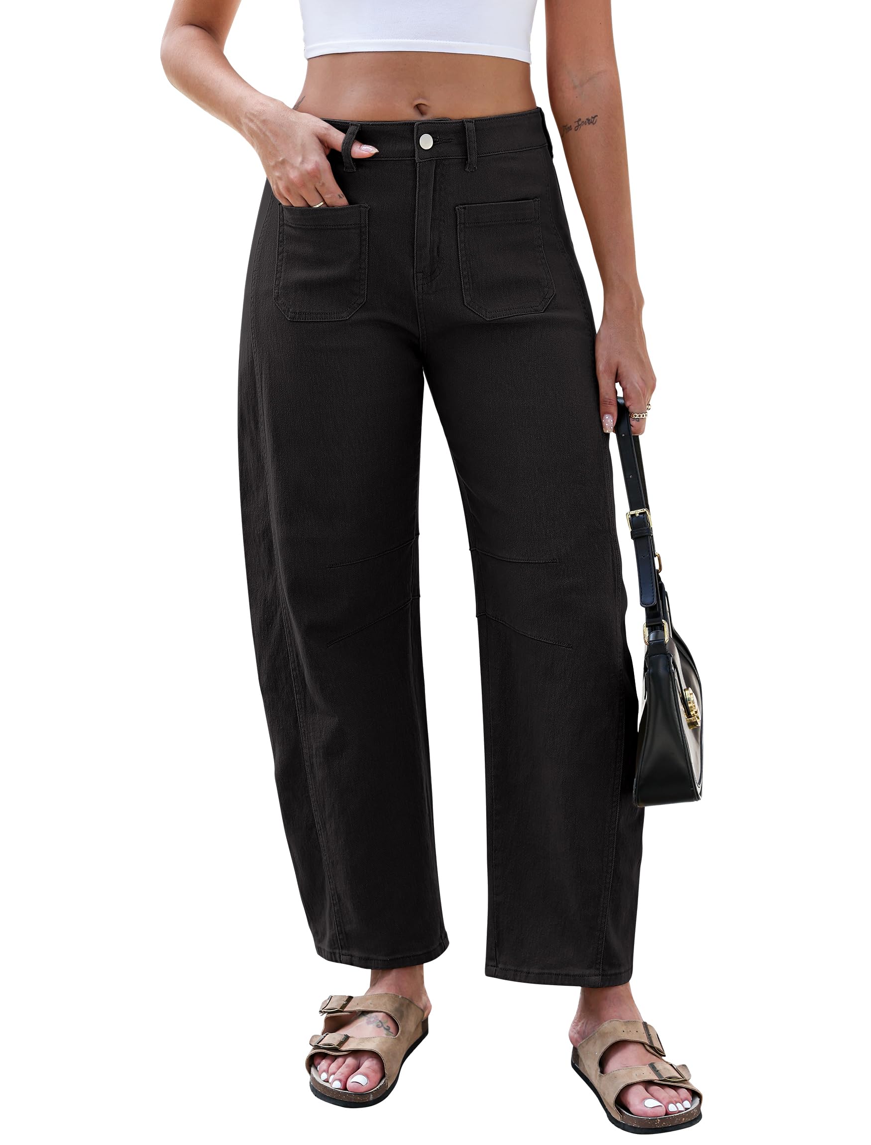 Eddoyee Wide Leg Barrel Pants Women - Stretchy High Waist Baggy Pants Y2k Boyfriend Ankle Trousers with Pockets