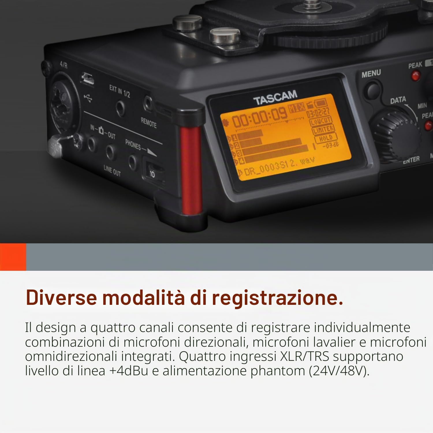 TASCAM Registratore audio portatile a 4 canali per video filmatore, 4 ingressi combo XLR/TRS, 2 microfoni interni, limitatore, filtro HP (DR-70D)