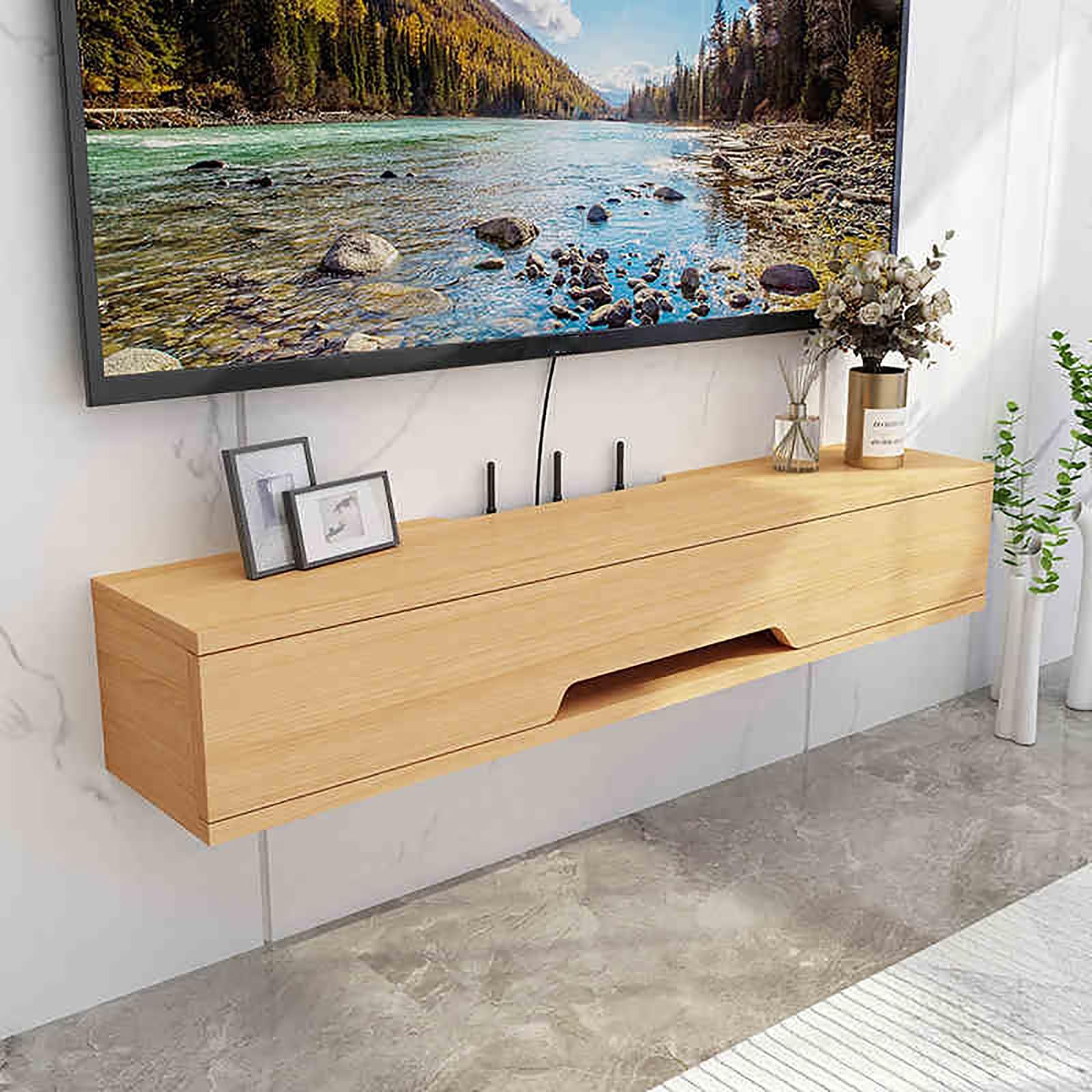 Supporto per TV galleggiante da parete, lucido, moderno, con sportello superiore, organizer per console multimediale per soggiorno, camera da letto, supporto TV a parete.