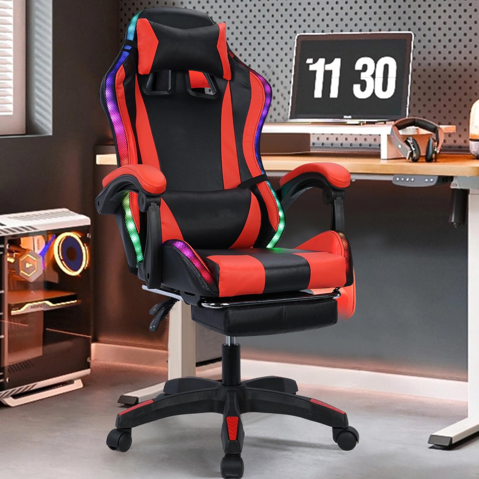 Gaming-Stuhl mit BT-Lautsprechern, LED-Gaming-Stuhl, höhenverstellbar, einziehbare Fußstütze, Kunstleder-Liegestuhl, 360° drehbar, Computerspielstühle für Freizeitraum, Internet, Café, Schwarz und Rot