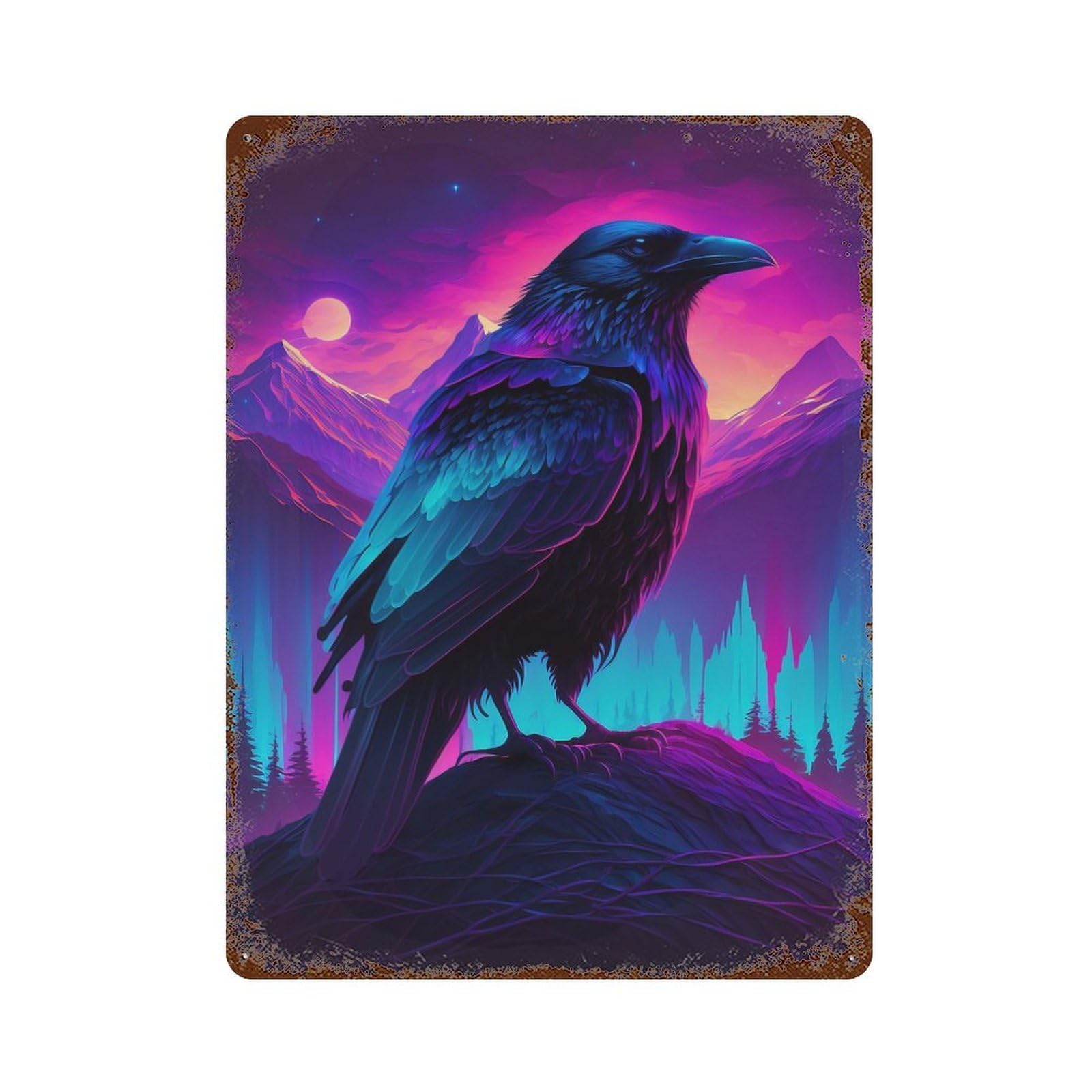 Synthwave Raven Vintage Rust Metal Sign 15.7"x11.8", for Pub, Kitchen And Man Cave Decor, Rustic Home Decor