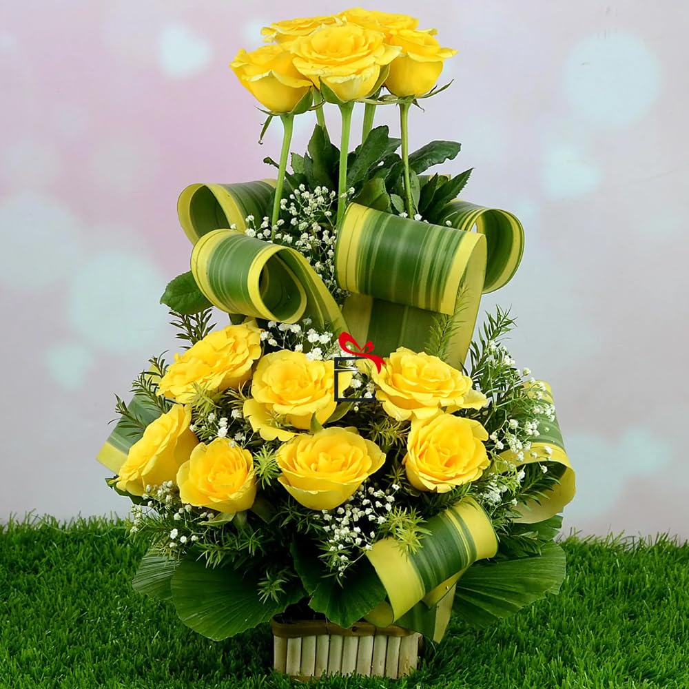 EG2i Fresh 20 Yellow Rose Flowers Bouquet With Green Fillers| Special Bunch Happy Birthday Gift| Couple Gift for Wedding, Anniversary, Mothers Day, Valentine Gifts |Real Flower Women|Same Day Delivery