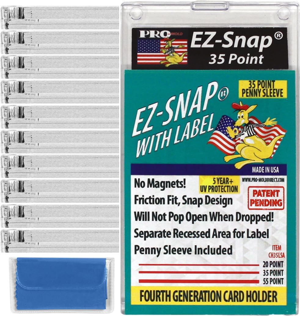 10-Count Pro-Mold 35pt EZ-Snap Trading Card Holders Holds Sleeved Card with Label UV Protection CH35LSA with Cleaning Cloth