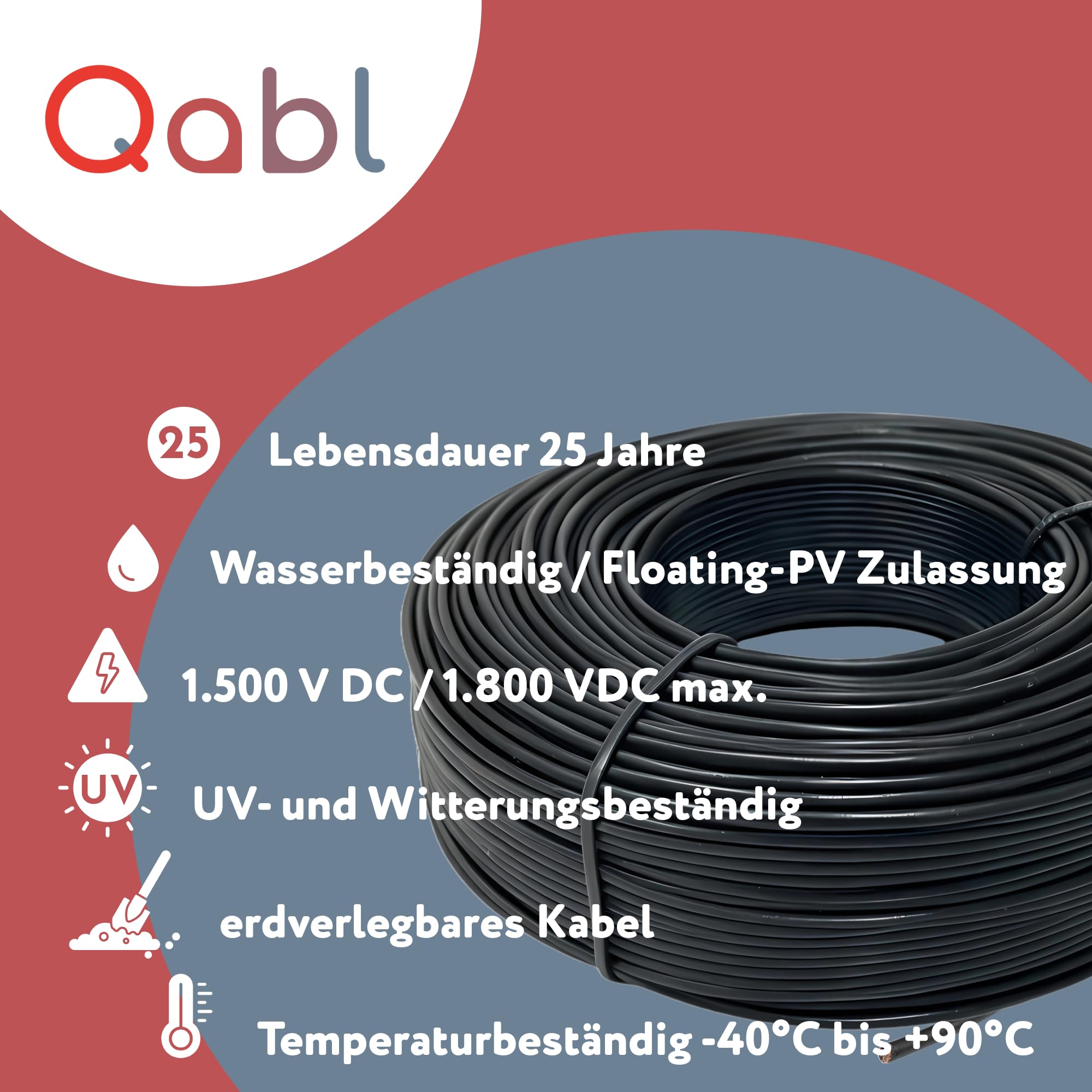 Qabl Solarkabel 6mm² 50m schwarz - Solarleitung H1Z2Z2 - TÜV geprüft - UV beständig, flexibel, PV Kabel, Photovoltaik Kabel, Solar Anschlusskabel für Solarpanel