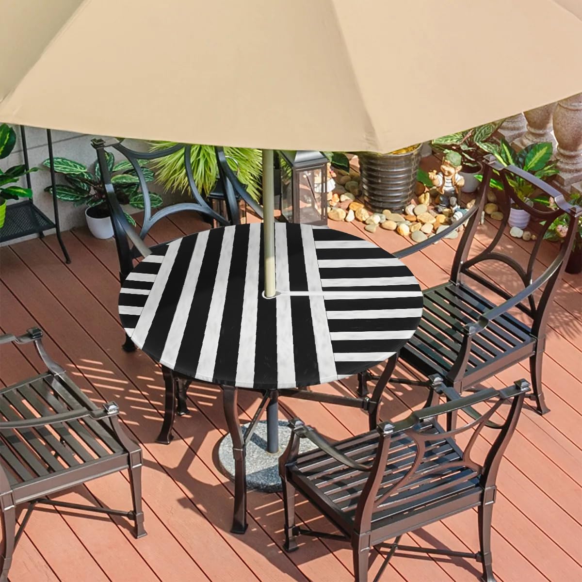 Liberty Goddess Outdoor Tablecloth with Umbrella Hole and Zipper Black and White Striped Round Tablecloth Striped Patio Table Cover Waterproof Fitted